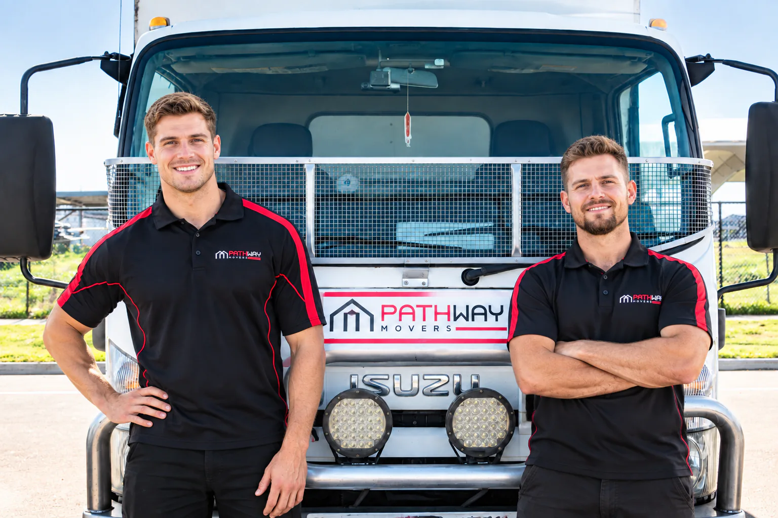 Pathway moving crew beside a company truck